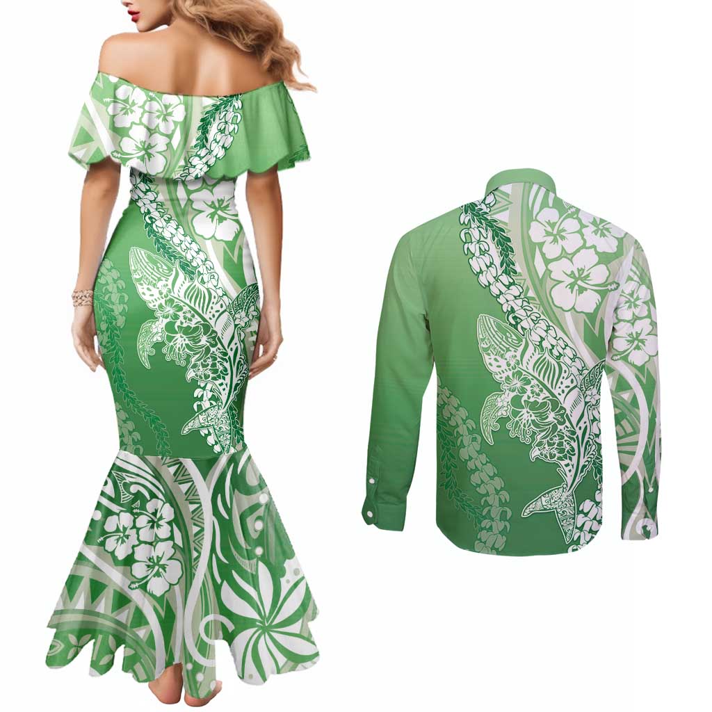 Hawaii Puakenikeni And Maile Lei Couples Matching Mermaid Dress and Long Sleeve Button Shirt Green Polynesian Shark Tattoo DT05