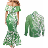 Hawaii Puakenikeni And Maile Lei Couples Matching Mermaid Dress and Long Sleeve Button Shirt Green Polynesian Shark Tattoo DT05