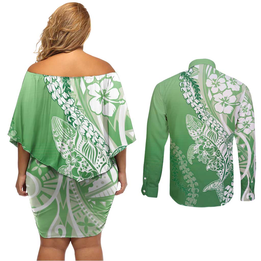 Hawaii Puakenikeni And Maile Lei Couples Matching Off Shoulder Short Dress and Long Sleeve Button Shirt Green Polynesian Shark Tattoo DT05