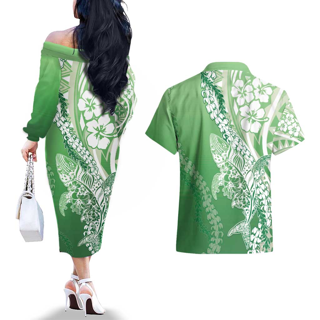 Hawaii Puakenikeni And Maile Lei Couples Matching Off The Shoulder Long Sleeve Dress and Hawaiian Shirt Green Polynesian Shark Tattoo DT05