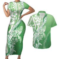 Hawaii Puakenikeni And Maile Lei Couples Matching Short Sleeve Bodycon Dress and Hawaiian Shirt Green Polynesian Shark Tattoo DT05