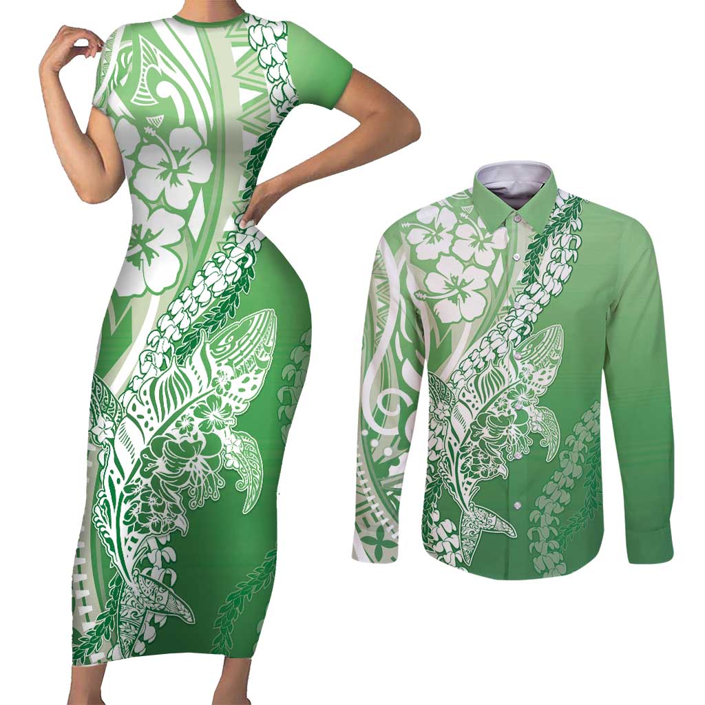 Hawaii Puakenikeni And Maile Lei Couples Matching Short Sleeve Bodycon Dress and Long Sleeve Button Shirt Green Polynesian Shark Tattoo DT05
