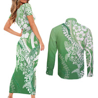 Hawaii Puakenikeni And Maile Lei Couples Matching Short Sleeve Bodycon Dress and Long Sleeve Button Shirt Green Polynesian Shark Tattoo DT05