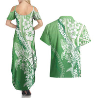 Hawaii Puakenikeni And Maile Lei Couples Matching Summer Maxi Dress and Hawaiian Shirt Green Polynesian Shark Tattoo DT05
