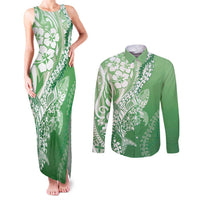 Hawaii Puakenikeni And Maile Lei Couples Matching Tank Maxi Dress and Long Sleeve Button Shirt Green Polynesian Shark Tattoo DT05