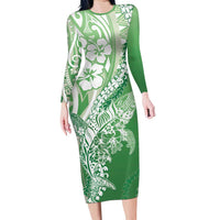 Hawaii Puakenikeni And Maile Lei Family Matching Long Sleeve Bodycon Dress and Hawaiian Shirt Green Polynesian Shark Tattoo DT05
