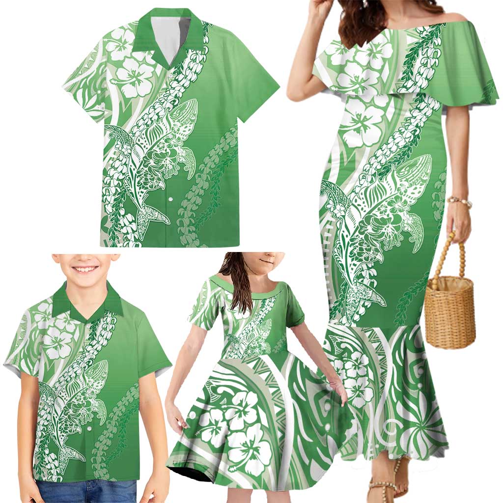Hawaii Puakenikeni And Maile Lei Family Matching Mermaid Dress and Hawaiian Shirt Green Polynesian Shark Tattoo DT05