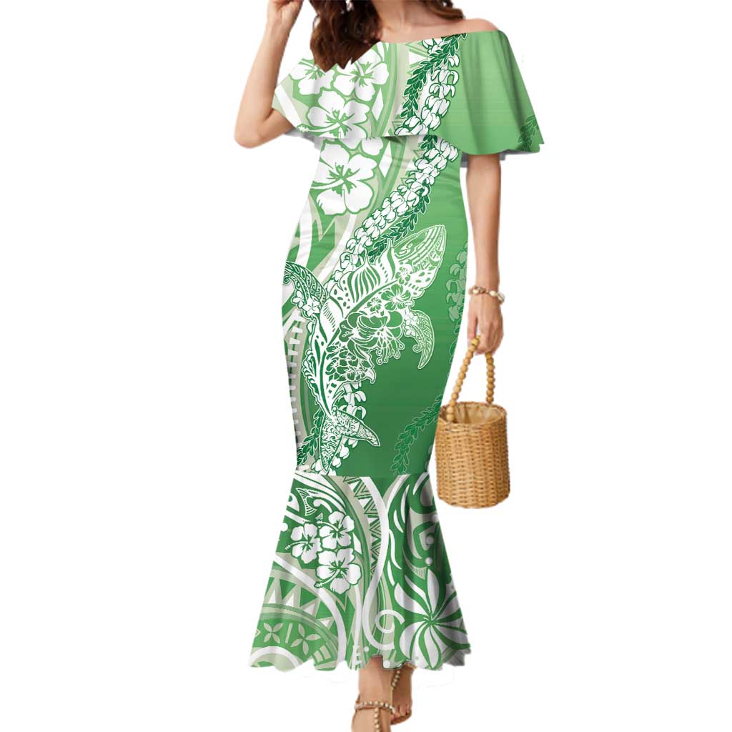 Hawaii Puakenikeni And Maile Lei Family Matching Mermaid Dress and Hawaiian Shirt Green Polynesian Shark Tattoo DT05