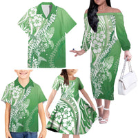 Hawaii Puakenikeni And Maile Lei Family Matching Off The Shoulder Long Sleeve Dress and Hawaiian Shirt Green Polynesian Shark Tattoo DT05