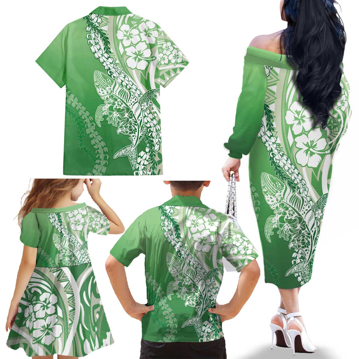 Hawaii Puakenikeni And Maile Lei Family Matching Off The Shoulder Long Sleeve Dress and Hawaiian Shirt Green Polynesian Shark Tattoo DT05
