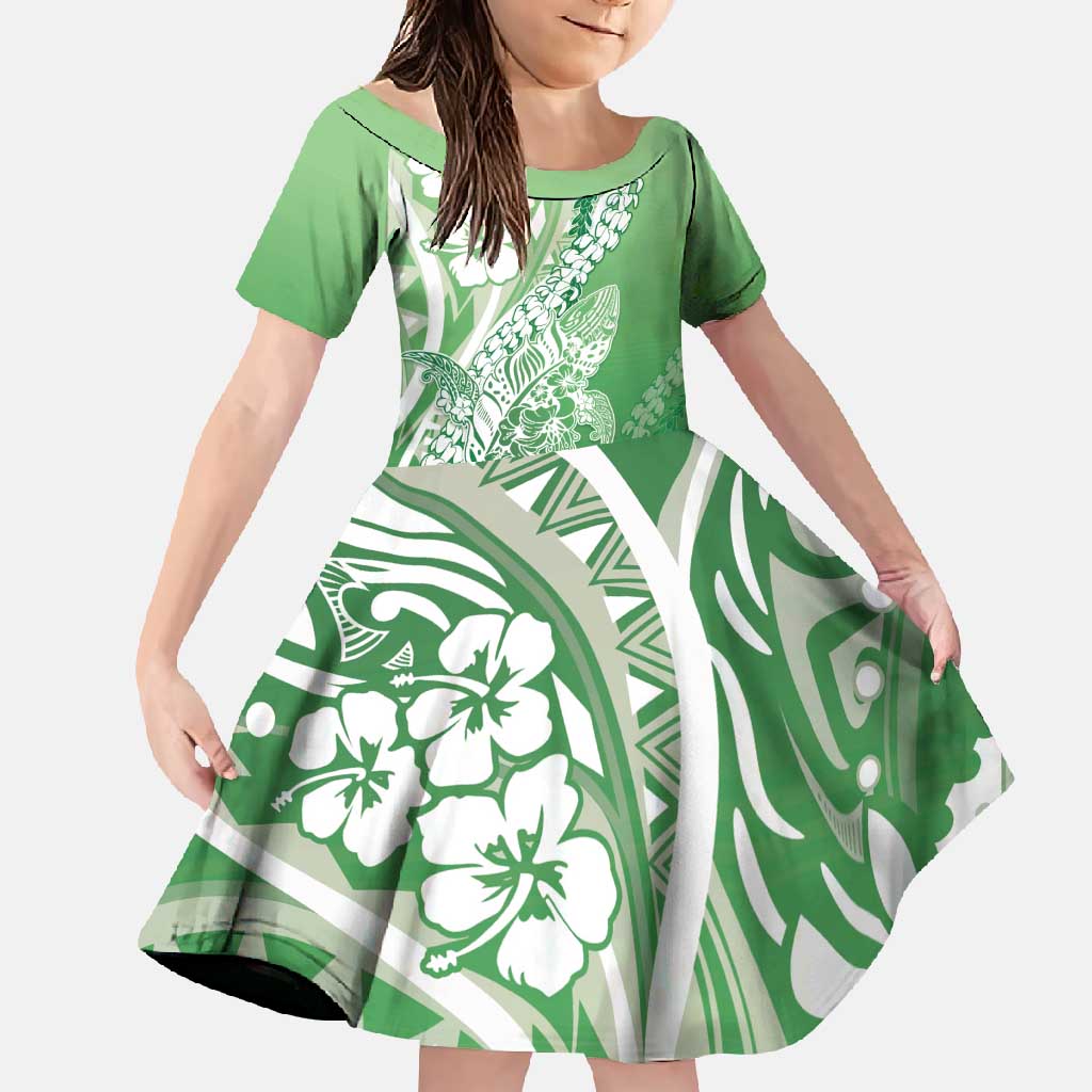 Hawaii Puakenikeni And Maile Lei Family Matching Off Shoulder Maxi Dress and Hawaiian Shirt Green Polynesian Shark Tattoo DT05
