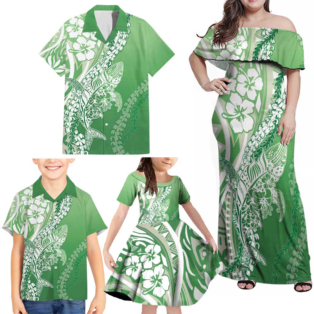Hawaii Puakenikeni And Maile Lei Family Matching Off Shoulder Maxi Dress and Hawaiian Shirt Green Polynesian Shark Tattoo DT05