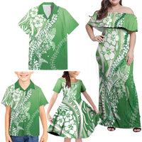 Hawaii Puakenikeni And Maile Lei Family Matching Off Shoulder Maxi Dress and Hawaiian Shirt Green Polynesian Shark Tattoo DT05