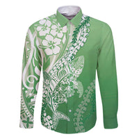 Hawaii Puakenikeni And Maile Lei Family Matching Off Shoulder Maxi Dress and Hawaiian Shirt Green Polynesian Shark Tattoo DT05