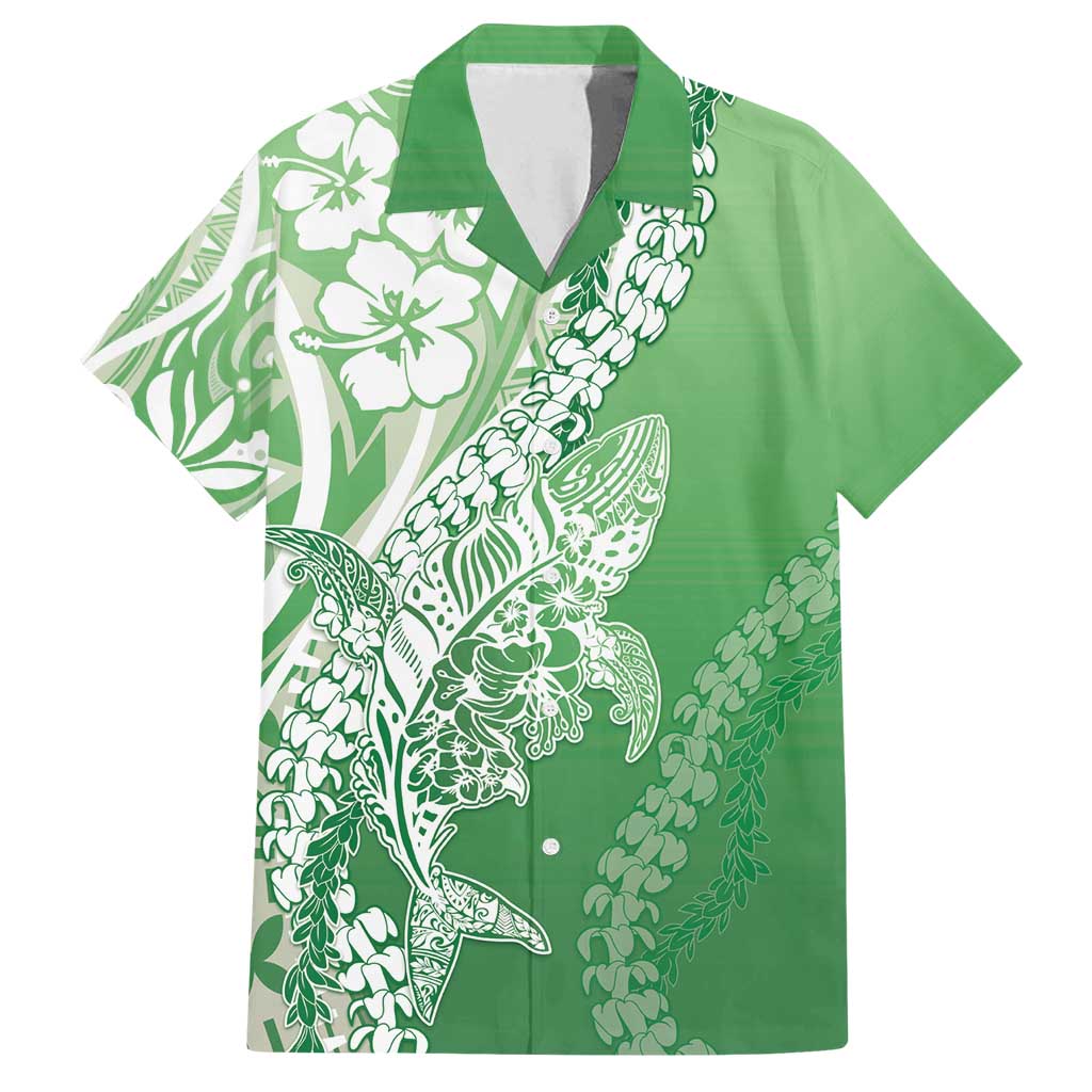 Hawaii Puakenikeni And Maile Lei Family Matching Off Shoulder Short Dress and Hawaiian Shirt Green Polynesian Shark Tattoo DT05