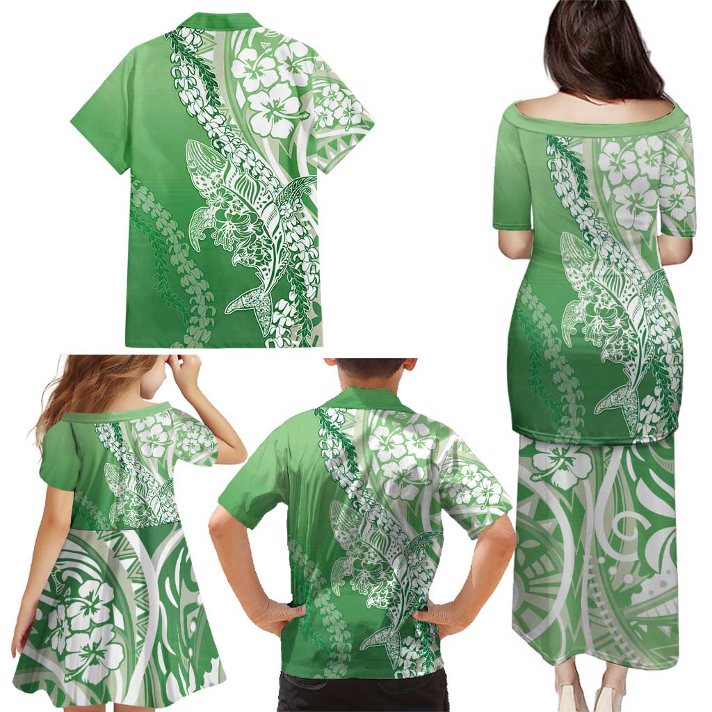 Hawaii Puakenikeni And Maile Lei Family Matching Puletasi and Hawaiian Shirt Green Polynesian Shark Tattoo DT05