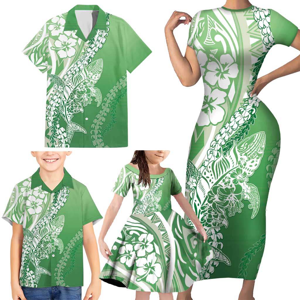 Hawaii Puakenikeni And Maile Lei Family Matching Short Sleeve Bodycon Dress and Hawaiian Shirt Green Polynesian Shark Tattoo DT05