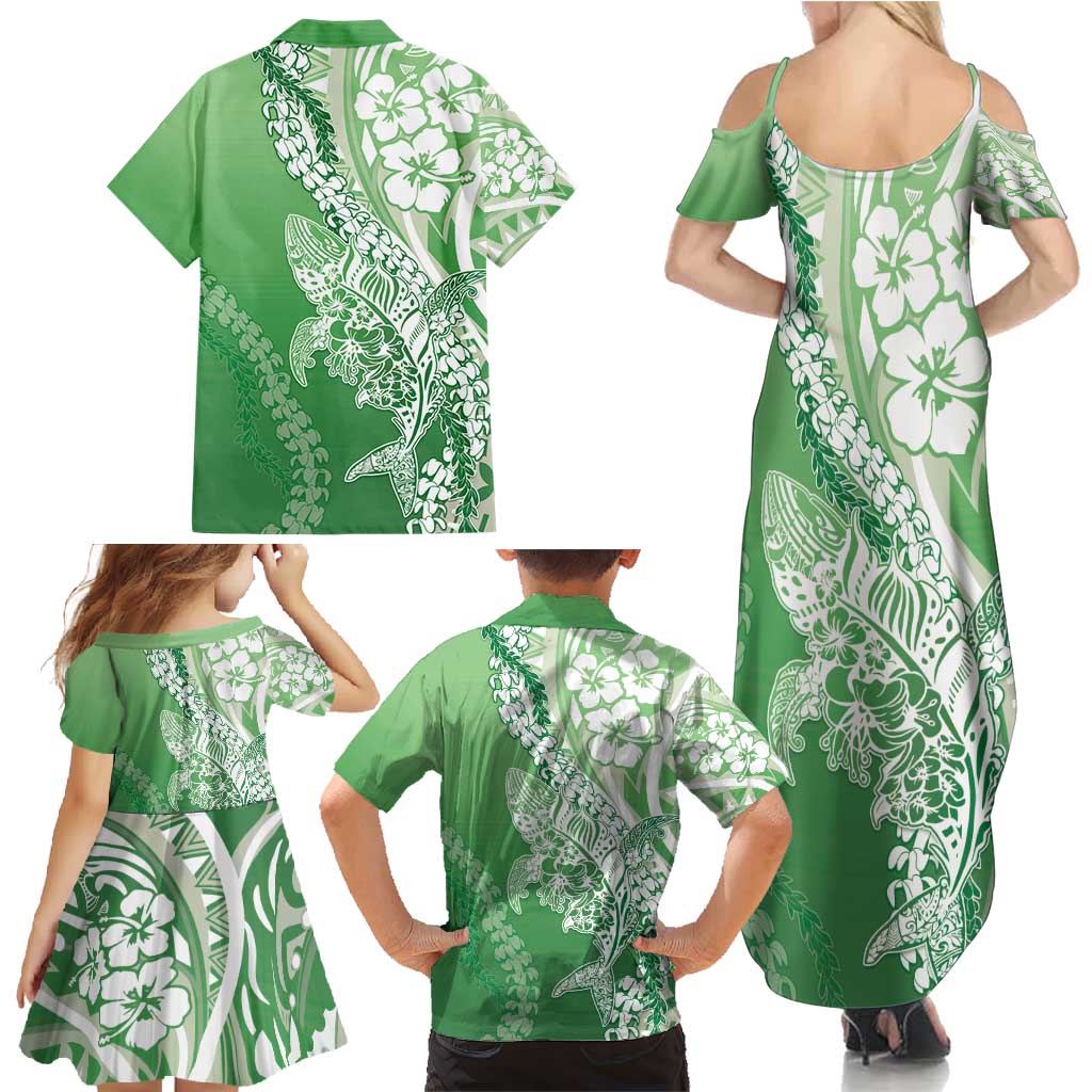 Hawaii Puakenikeni And Maile Lei Family Matching Summer Maxi Dress and Hawaiian Shirt Green Polynesian Shark Tattoo DT05