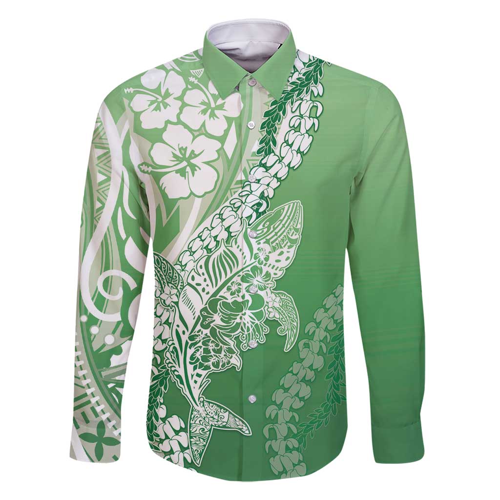 Hawaii Puakenikeni And Maile Lei Family Matching Summer Maxi Dress and Hawaiian Shirt Green Polynesian Shark Tattoo DT05