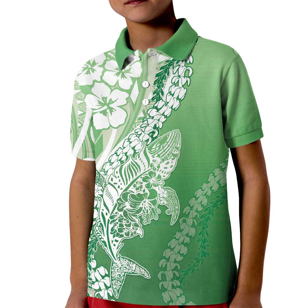 Hawaii Puakenikeni And Maile Lei Kid Polo Shirt Green Polynesian Shark Tattoo DT05