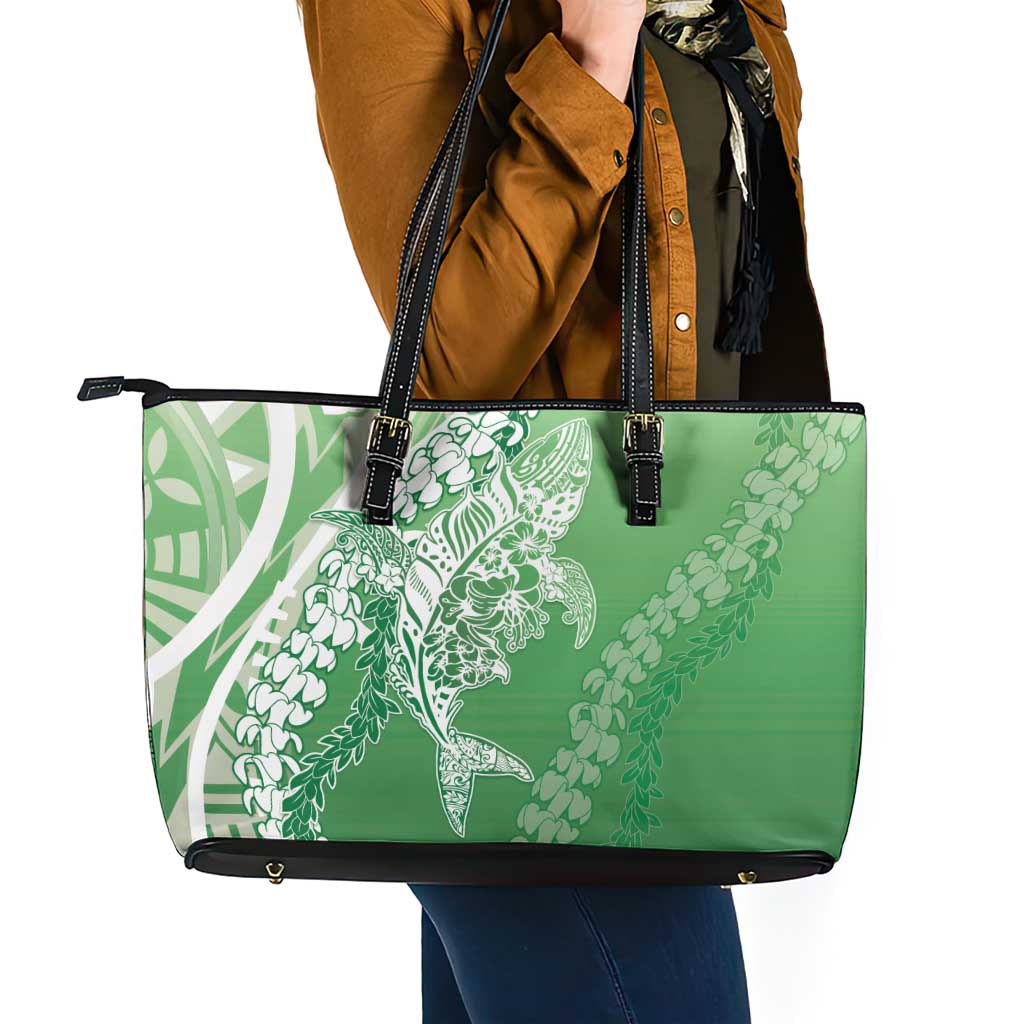Hawaii Puakenikeni And Maile Lei Leather Tote Bag Green Polynesian Shark Tattoo DT05