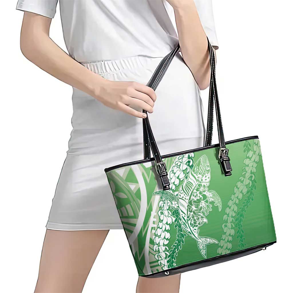 Hawaii Puakenikeni And Maile Lei Leather Tote Bag Green Polynesian Shark Tattoo DT05