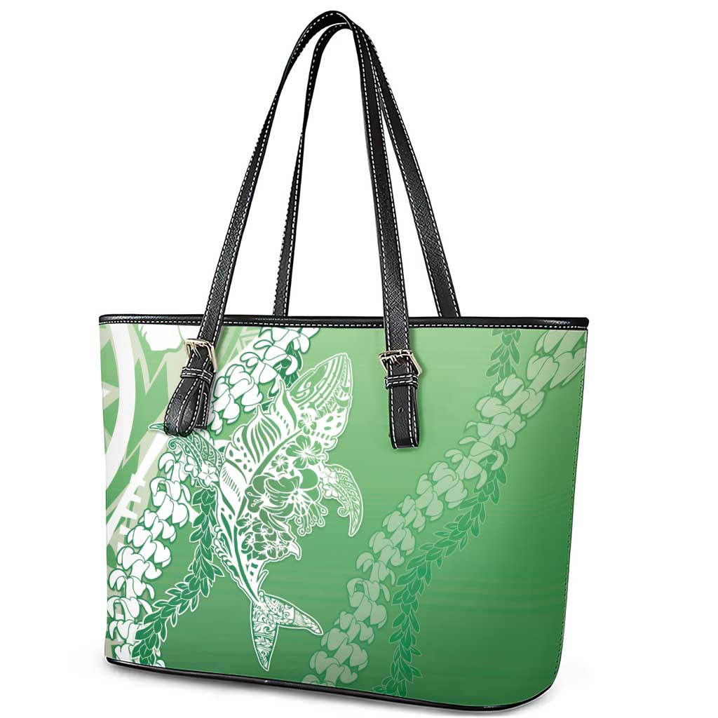 Hawaii Puakenikeni And Maile Lei Leather Tote Bag Green Polynesian Shark Tattoo DT05