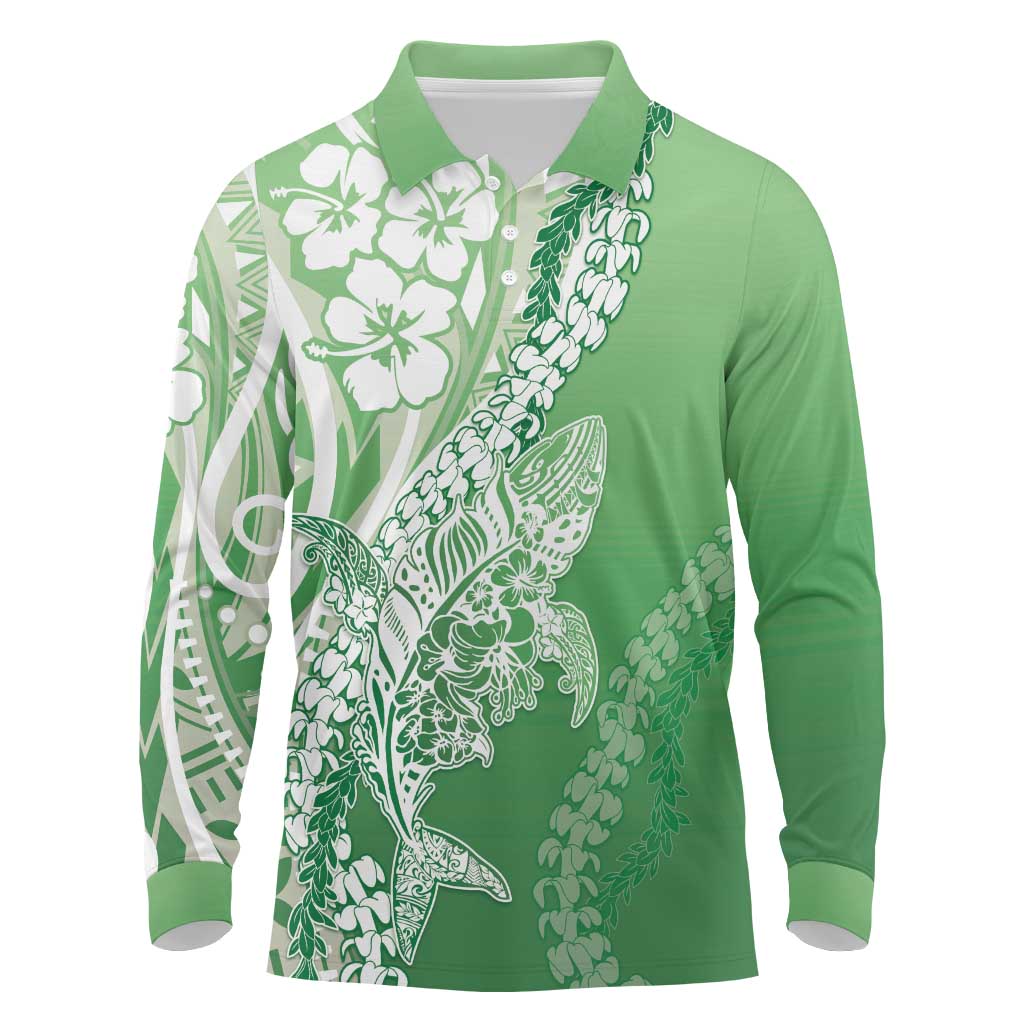 Hawaii Puakenikeni And Maile Lei Long Sleeve Polo Shirt Green Polynesian Shark Tattoo DT05