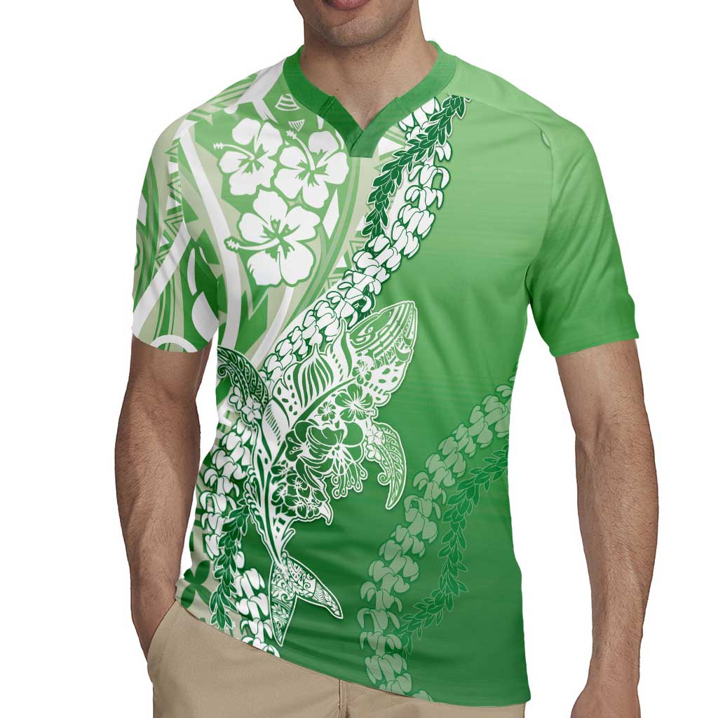 Hawaii Puakenikeni And Maile Lei Rugby Jersey Green Polynesian Shark Tattoo DT05