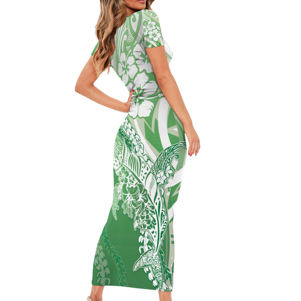 Hawaii Puakenikeni And Maile Lei Short Sleeve Bodycon Dress Green Polynesian Shark Tattoo DT05
