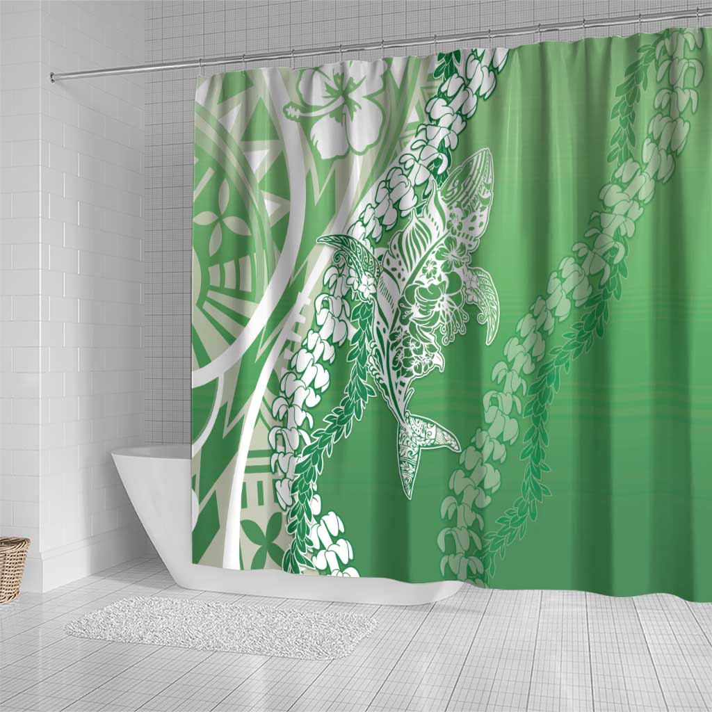 Hawaii Puakenikeni And Maile Lei Shower Curtain Green Polynesian Shark Tattoo DT05