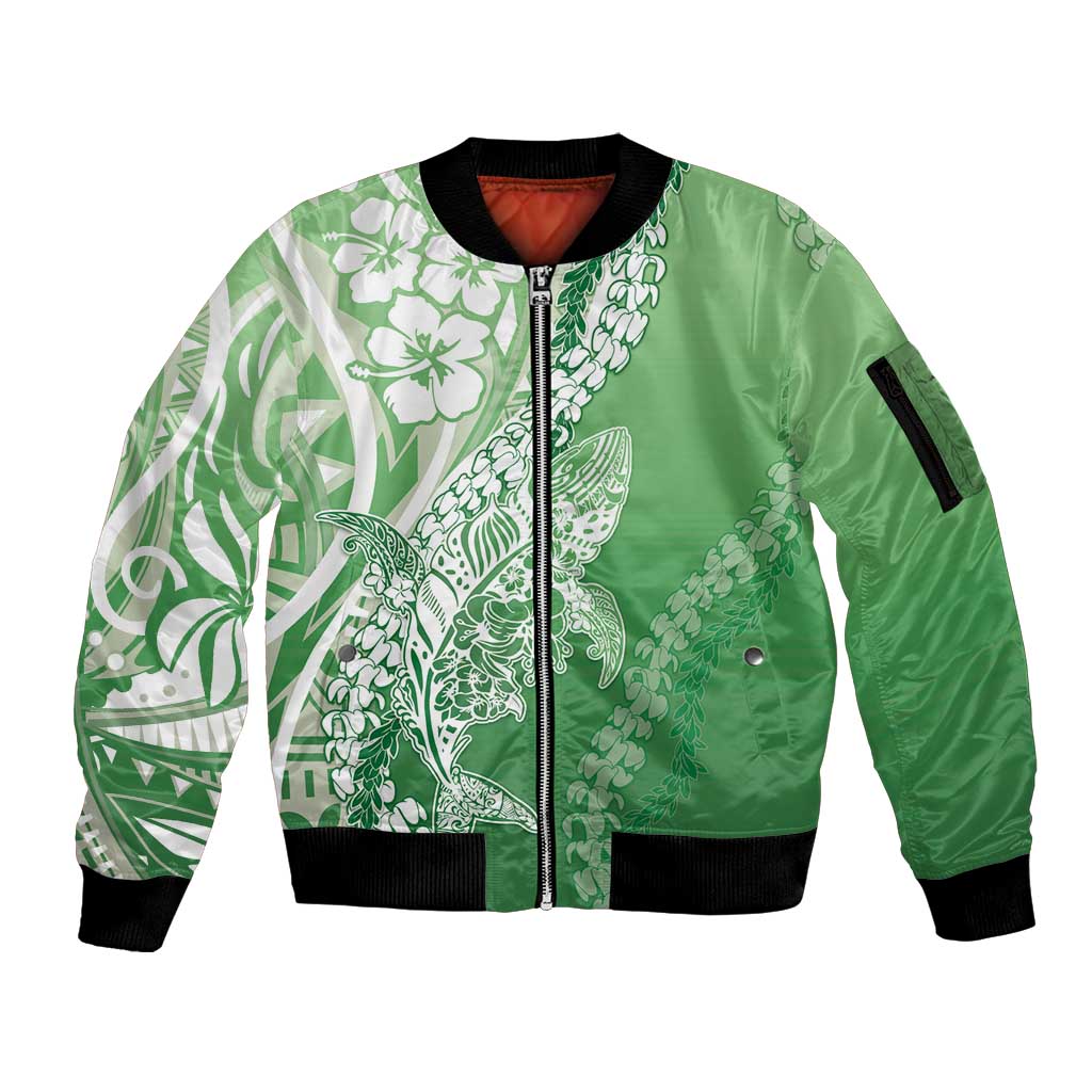 Hawaii Puakenikeni And Maile Lei Sleeve Zip Bomber Jacket Green Polynesian Shark Tattoo DT05