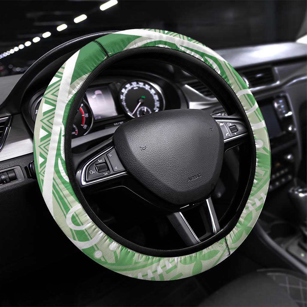 Hawaii Puakenikeni And Maile Lei Steering Wheel Cover Green Polynesian Shark Tattoo DT05