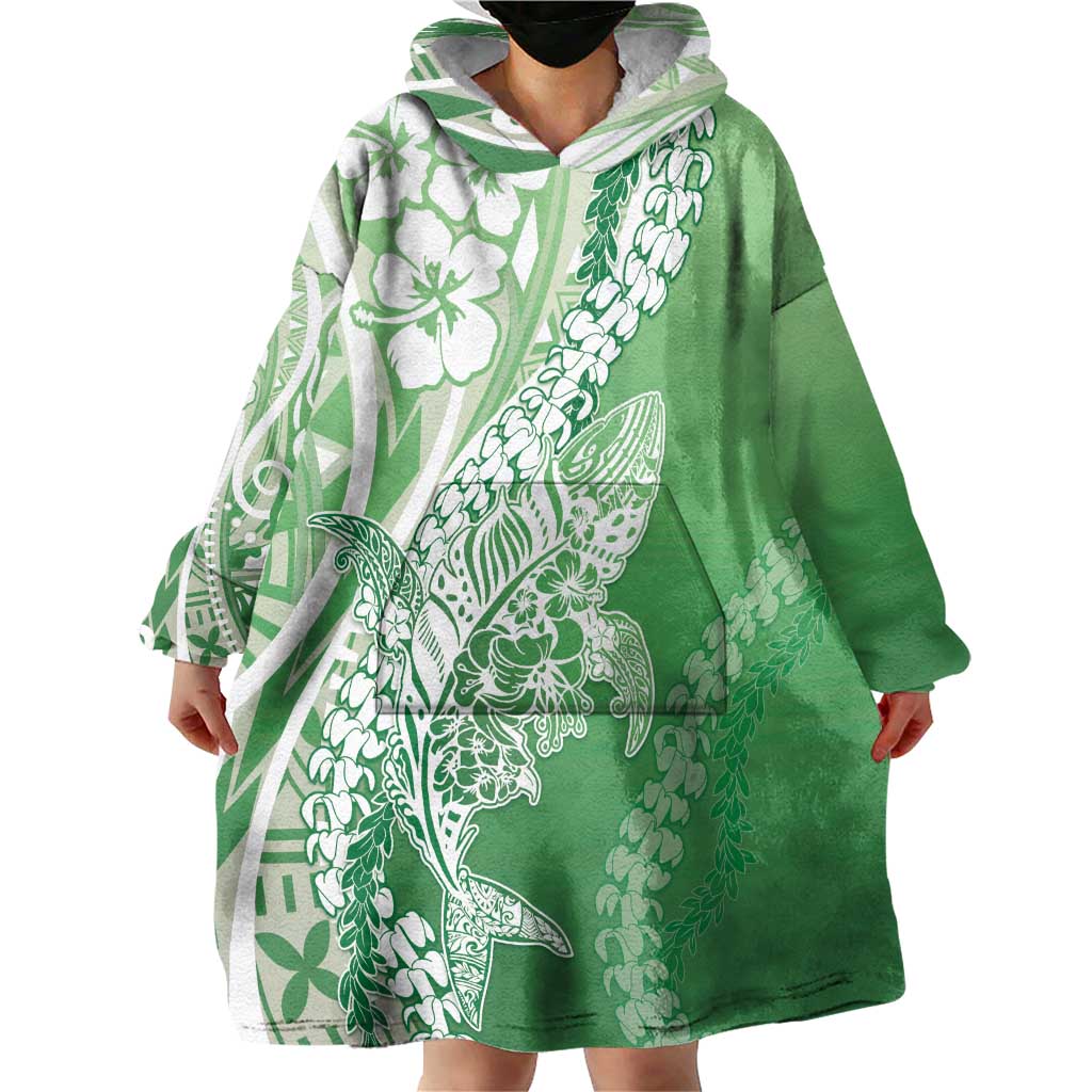 Hawaii Puakenikeni And Maile Lei Wearable Blanket Hoodie Green Polynesian Shark Tattoo DT05