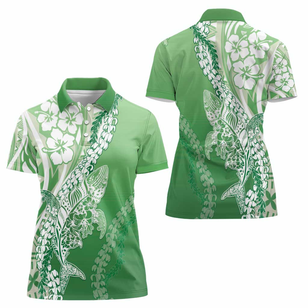 Hawaii Puakenikeni And Maile Lei Women Polo Shirt Green Polynesian Shark Tattoo DT05