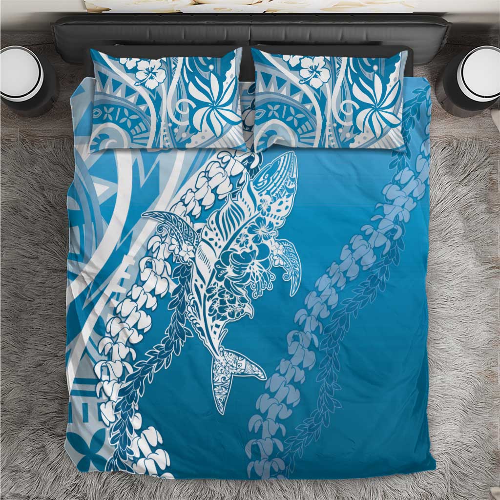 Hawaii Puakenikeni And Maile Lei Bedding Set Blue Polynesian Shark Tattoo DT05