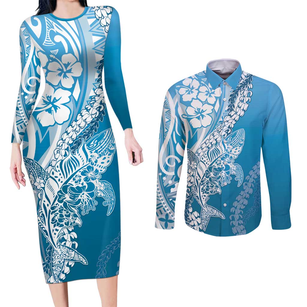 Hawaii Puakenikeni And Maile Lei Couples Matching Long Sleeve Bodycon Dress and Long Sleeve Button Shirt Blue Polynesian Shark Tattoo DT05