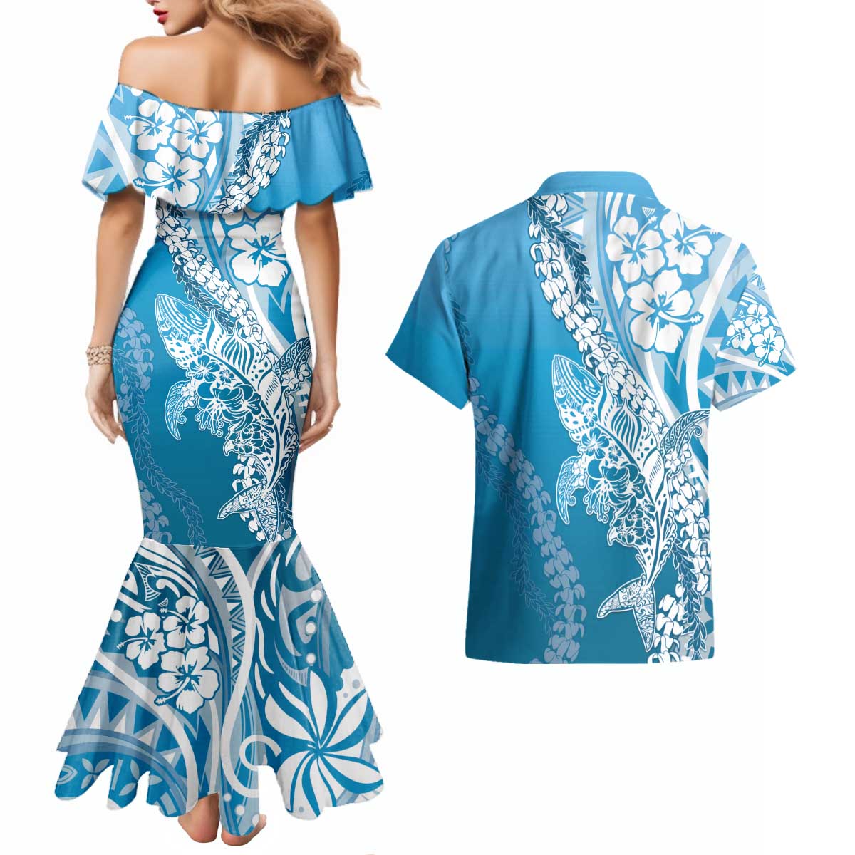 Hawaii Puakenikeni And Maile Lei Couples Matching Mermaid Dress and Hawaiian Shirt Blue Polynesian Shark Tattoo DT05