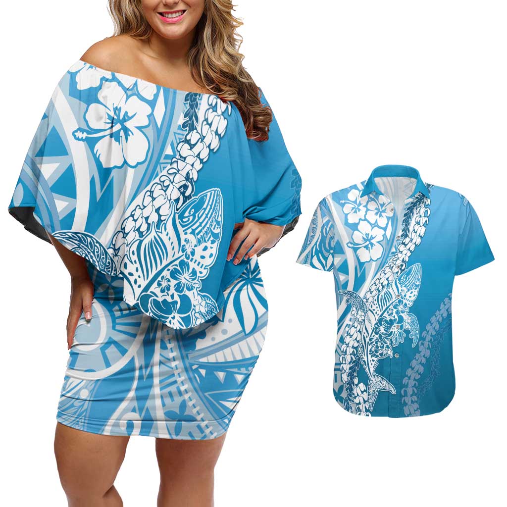 Hawaii Puakenikeni And Maile Lei Couples Matching Off Shoulder Short Dress and Hawaiian Shirt Blue Polynesian Shark Tattoo DT05