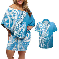 Hawaii Puakenikeni And Maile Lei Couples Matching Off Shoulder Short Dress and Hawaiian Shirt Blue Polynesian Shark Tattoo DT05