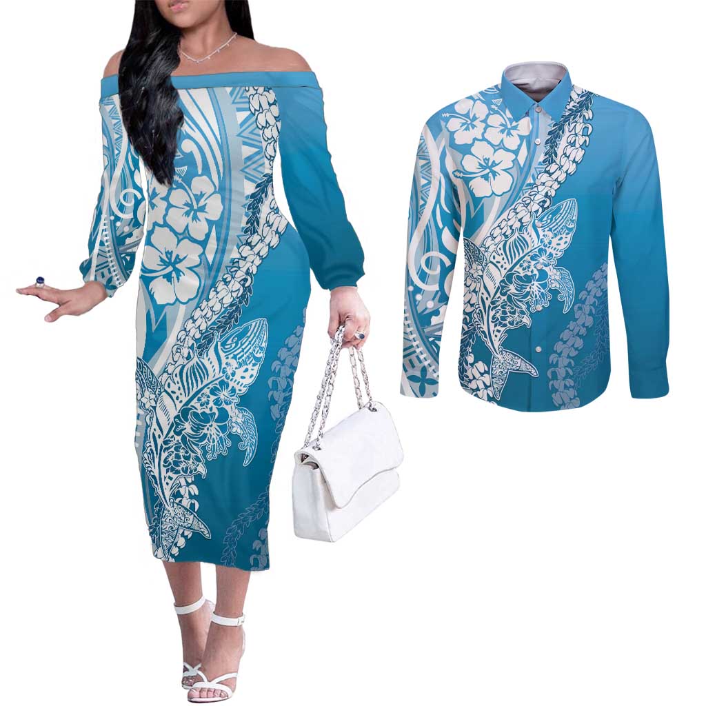 Hawaii Puakenikeni And Maile Lei Couples Matching Off The Shoulder Long Sleeve Dress and Long Sleeve Button Shirt Blue Polynesian Shark Tattoo DT05