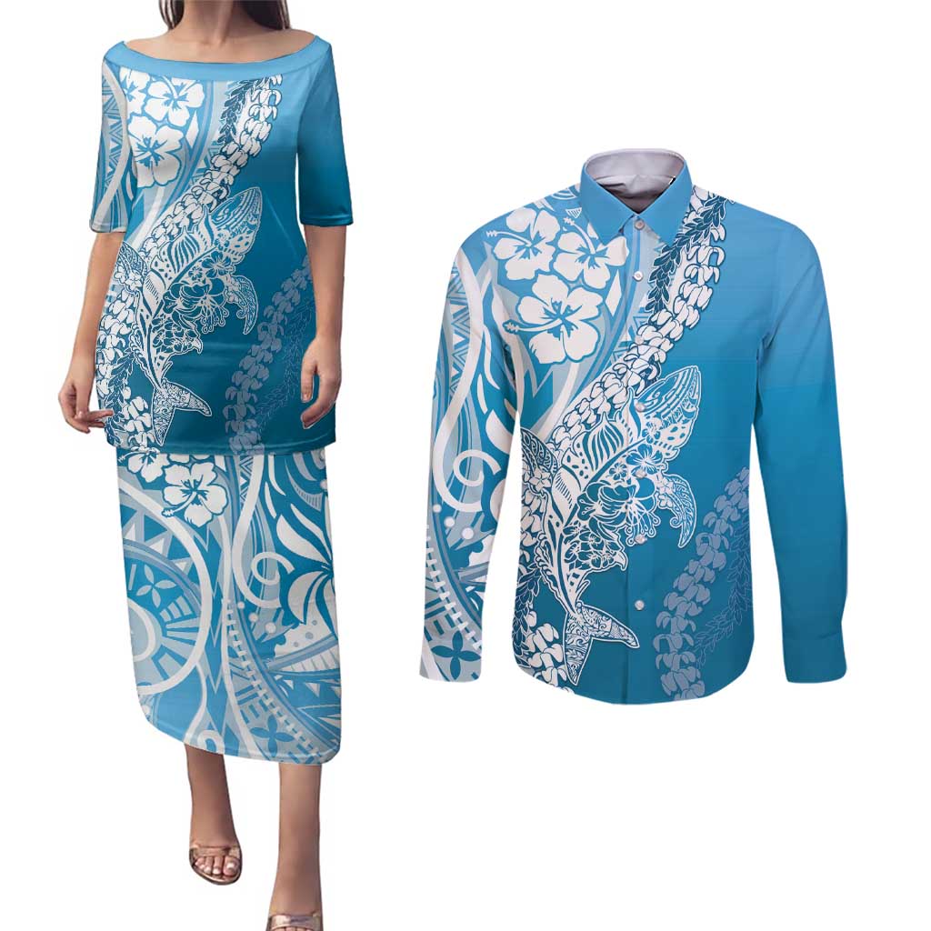 Hawaii Puakenikeni And Maile Lei Couples Matching Puletasi and Long Sleeve Button Shirt Blue Polynesian Shark Tattoo DT05