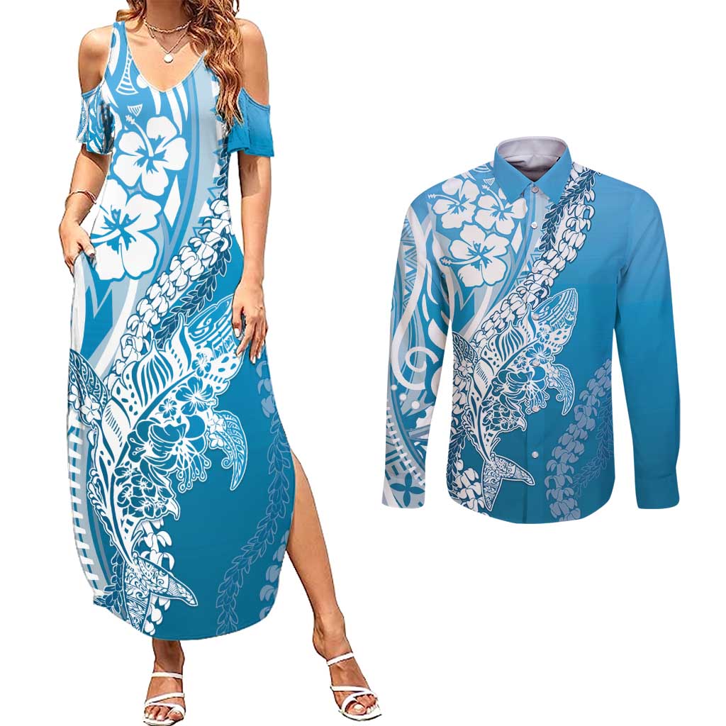 Hawaii Puakenikeni And Maile Lei Couples Matching Summer Maxi Dress and Long Sleeve Button Shirt Blue Polynesian Shark Tattoo DT05