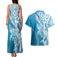 Hawaii Puakenikeni And Maile Lei Couples Matching Tank Maxi Dress and Hawaiian Shirt Blue Polynesian Shark Tattoo DT05