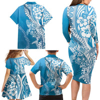 Hawaii Puakenikeni And Maile Lei Family Matching Long Sleeve Bodycon Dress and Hawaiian Shirt Blue Polynesian Shark Tattoo DT05