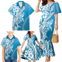 Hawaii Puakenikeni And Maile Lei Family Matching Mermaid Dress and Hawaiian Shirt Blue Polynesian Shark Tattoo DT05