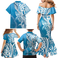 Hawaii Puakenikeni And Maile Lei Family Matching Mermaid Dress and Hawaiian Shirt Blue Polynesian Shark Tattoo DT05