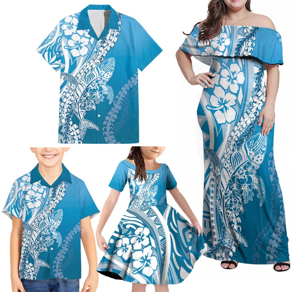 Hawaii Puakenikeni And Maile Lei Family Matching Off Shoulder Maxi Dress and Hawaiian Shirt Blue Polynesian Shark Tattoo DT05