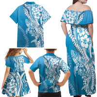 Hawaii Puakenikeni And Maile Lei Family Matching Off Shoulder Maxi Dress and Hawaiian Shirt Blue Polynesian Shark Tattoo DT05
