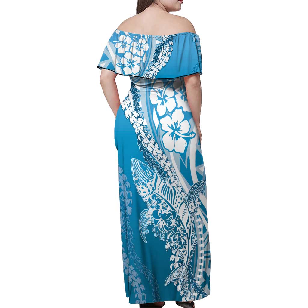 Hawaii Puakenikeni And Maile Lei Family Matching Off Shoulder Maxi Dress and Hawaiian Shirt Blue Polynesian Shark Tattoo DT05